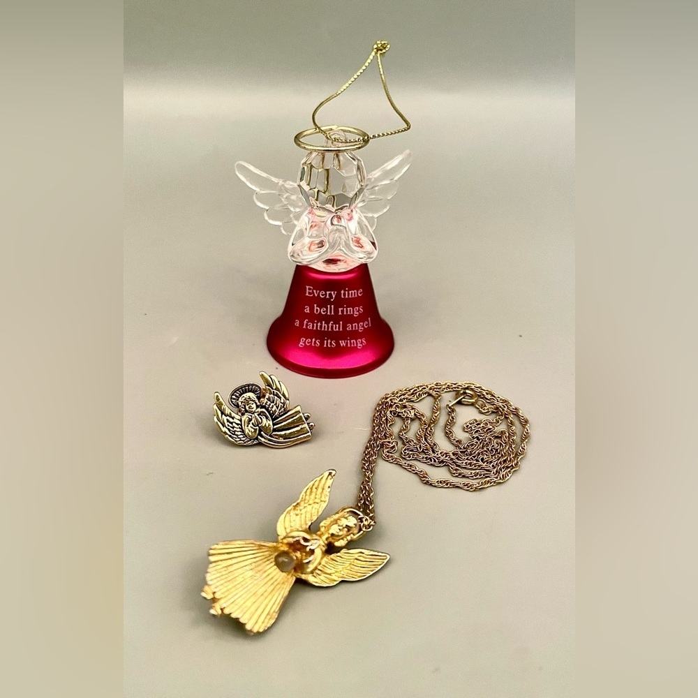 Angel Lot - Vintage Guardian Angel Brooch Necklace & Lapel Pin Gold-Tone & Bell